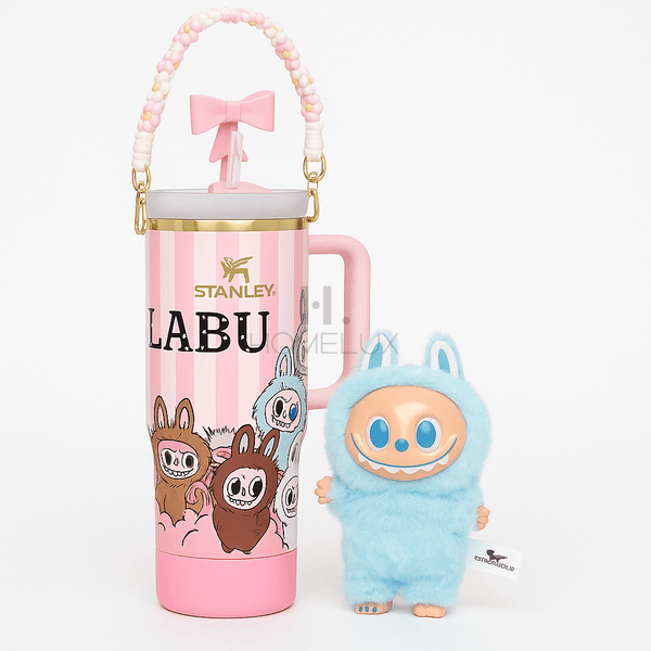 Stanley X Labubu Quencher Tumbler 40oz with Labubu Doll - Pink Stripes