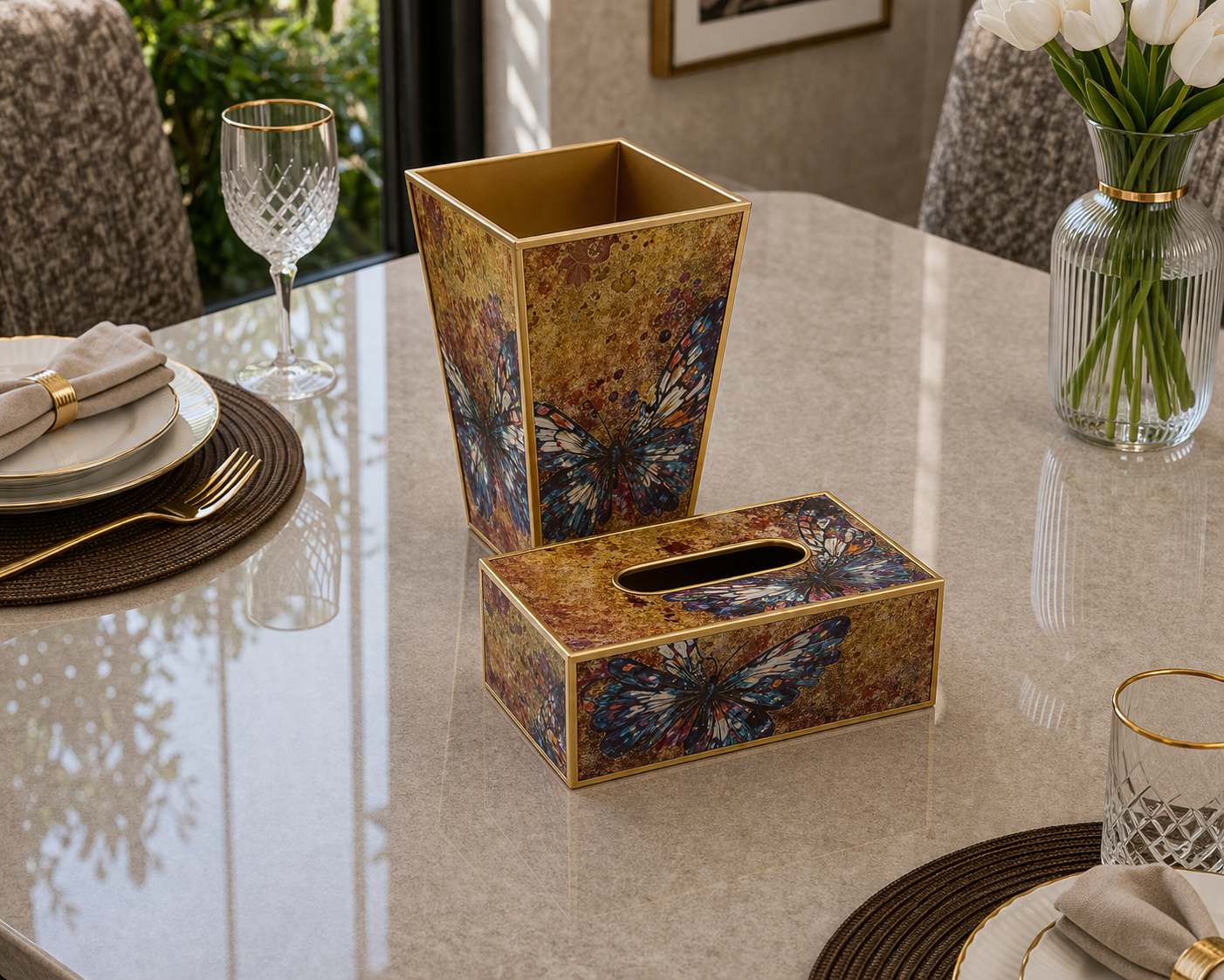 Angela Luxury Abstract Tree Art MDF Dustbin & Tissue Box Set – HomeLux