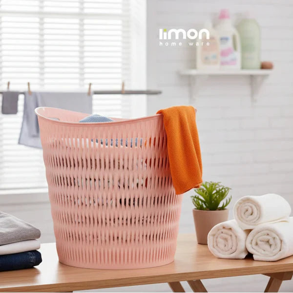 Round Bamboo-Style Laundry Basket with Handles