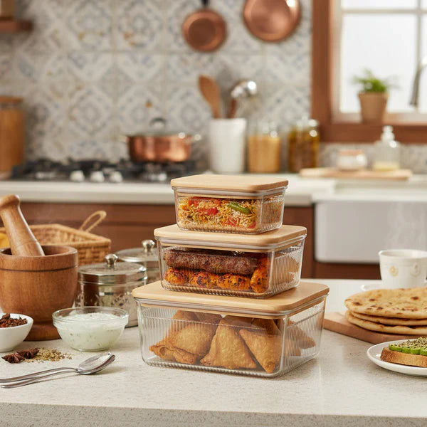 Robust 3-Piece Glass Container Set with Wooden Lid