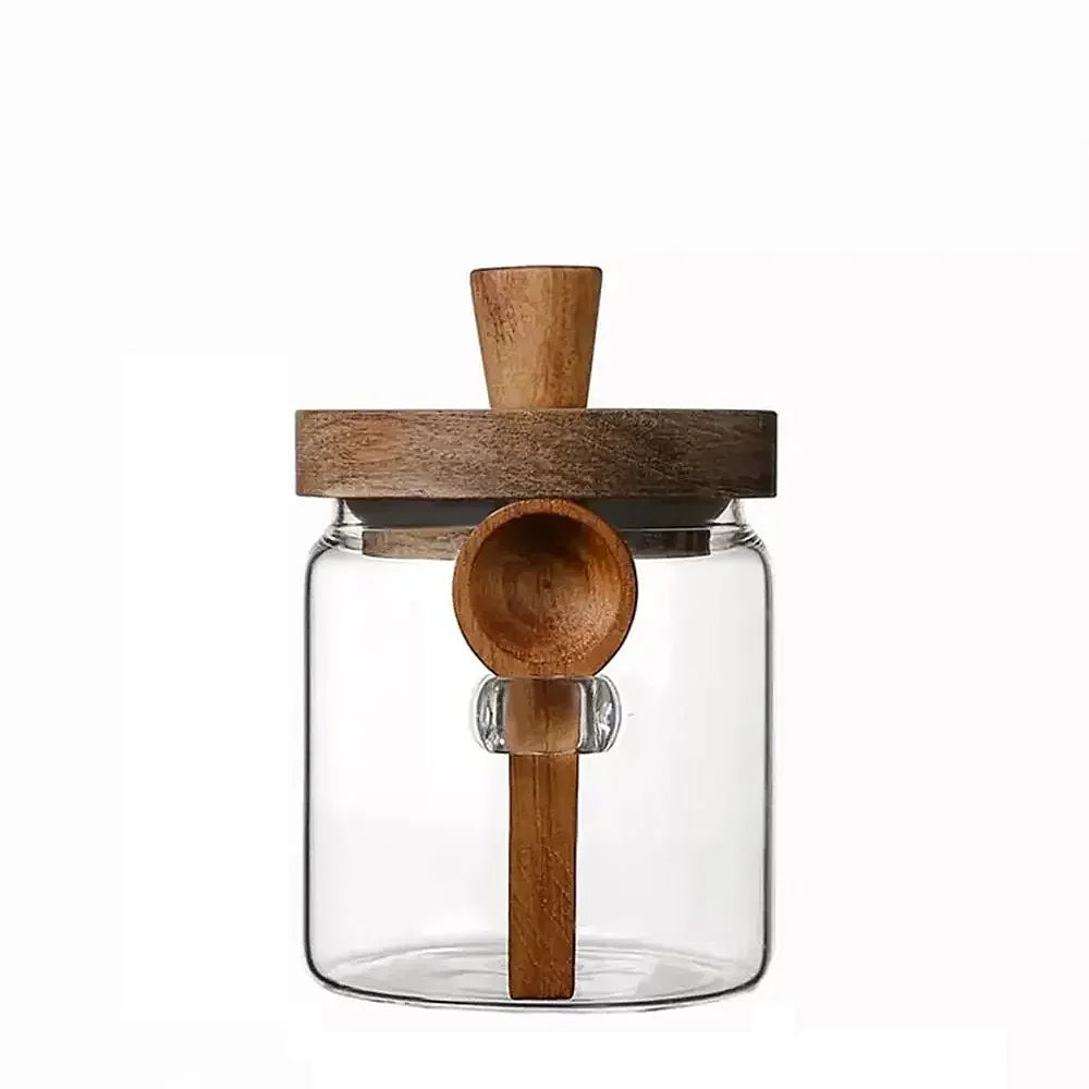 Wooden Knob Glass Jar With Spoon