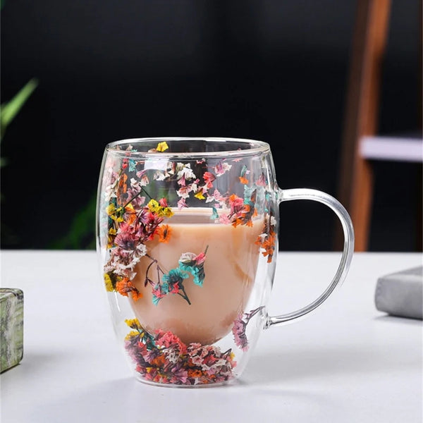 Double Wall Glass Flower Mug