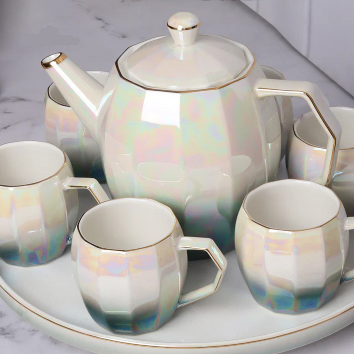 Revolving Tea Cup Set Holographic Tea Set With Kettle & Revolving Tray – HomeLux