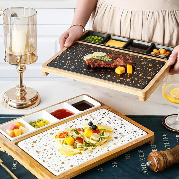 Steak Plate Marble Style With Bamboo Base