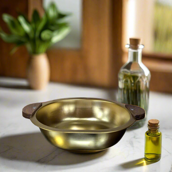 Golden Serving Bowl With Wooden Handle