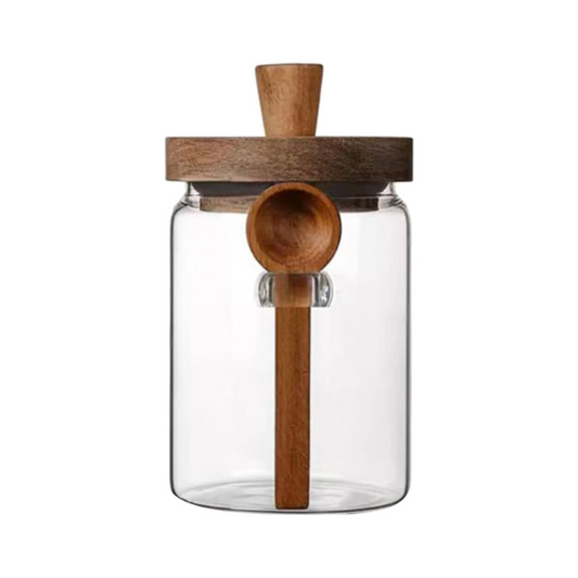 Wooden Knob Glass Jar With Spoon