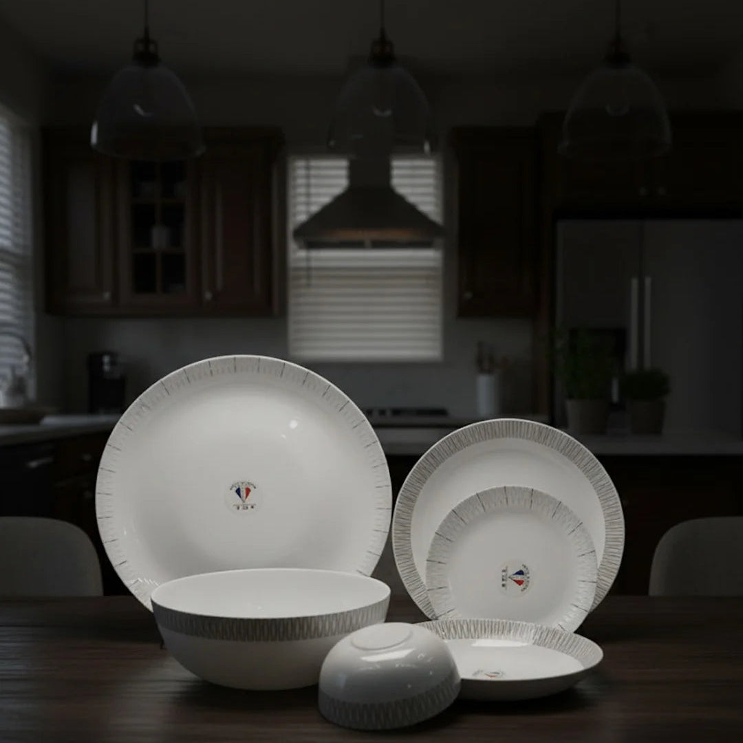 26-Piece Opalware Dinner Set with Minimalist Grey Line Design