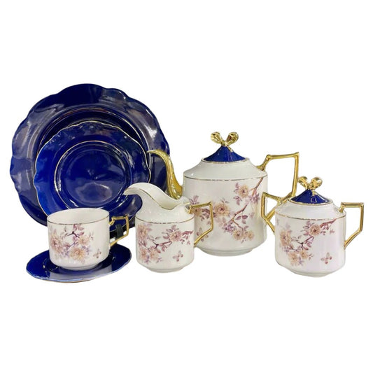 Modern Ceramic Floral Teaset (White & Blue)