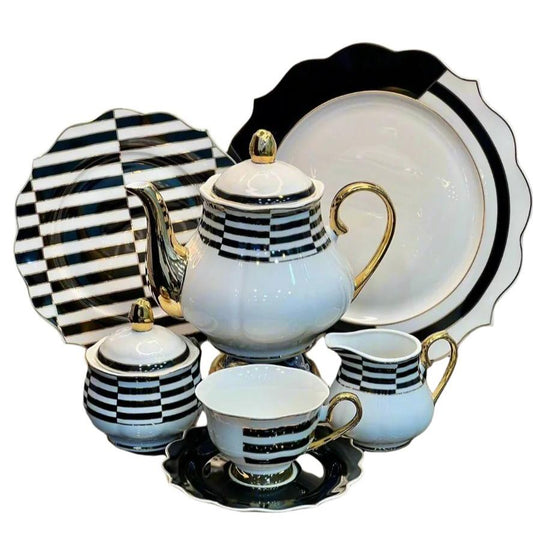 24Pcs Fine Bone China Tea Set (White Black Pattern Style)