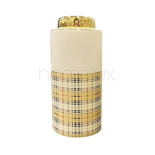 Extra Tall Plaid Ceramic Candy Jar with Golden Lid