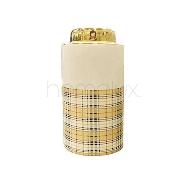 Tall Plaid Ceramic Candy Jar with Golden Lid
