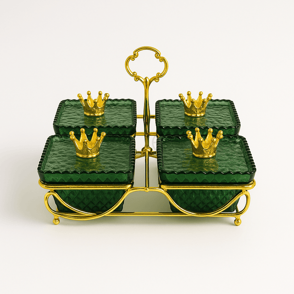 Green Crown 4-Piece Glass Condiment Set with Golden Stand