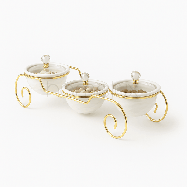 White & Gold 3-Piece Condiment Bowl Set with Stand
