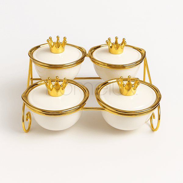 White & Gold 4-Piece Crown Condiment Set with Stand