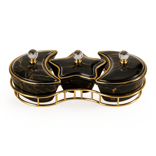 Compact Black Marble Moon & Star 3-Section Dish Set