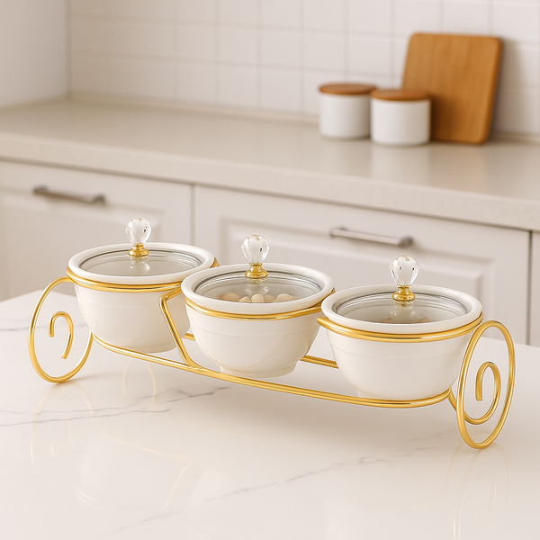 White & Gold 3-Piece Condiment Bowl Set with Stand
