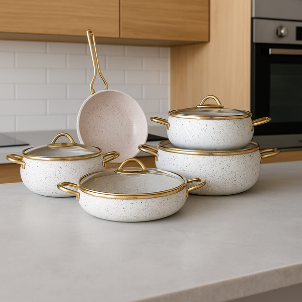 The Obsidian Speckle 9-Piece Cookware Set - White