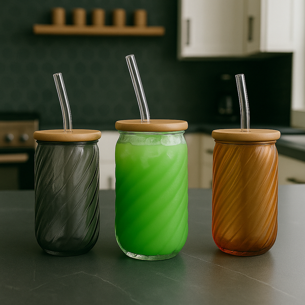 Textured Swirl Glass Tumbler with Bamboo Lid