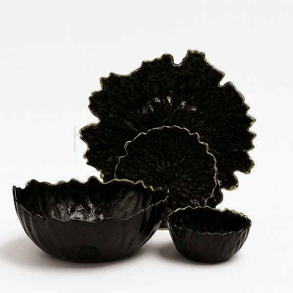 Dramatic Black and Gold Textured Petal Serving Set (14 pieces)