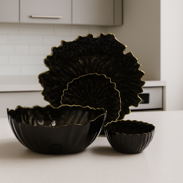 Dramatic Black and Gold Textured Petal Serving Set (14 pieces)