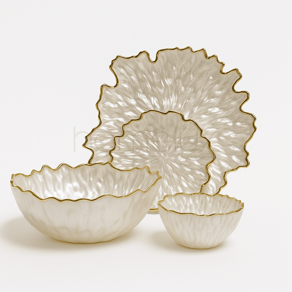 Opulent White Swirl and Gold Trim Serving Set (14 pieces)