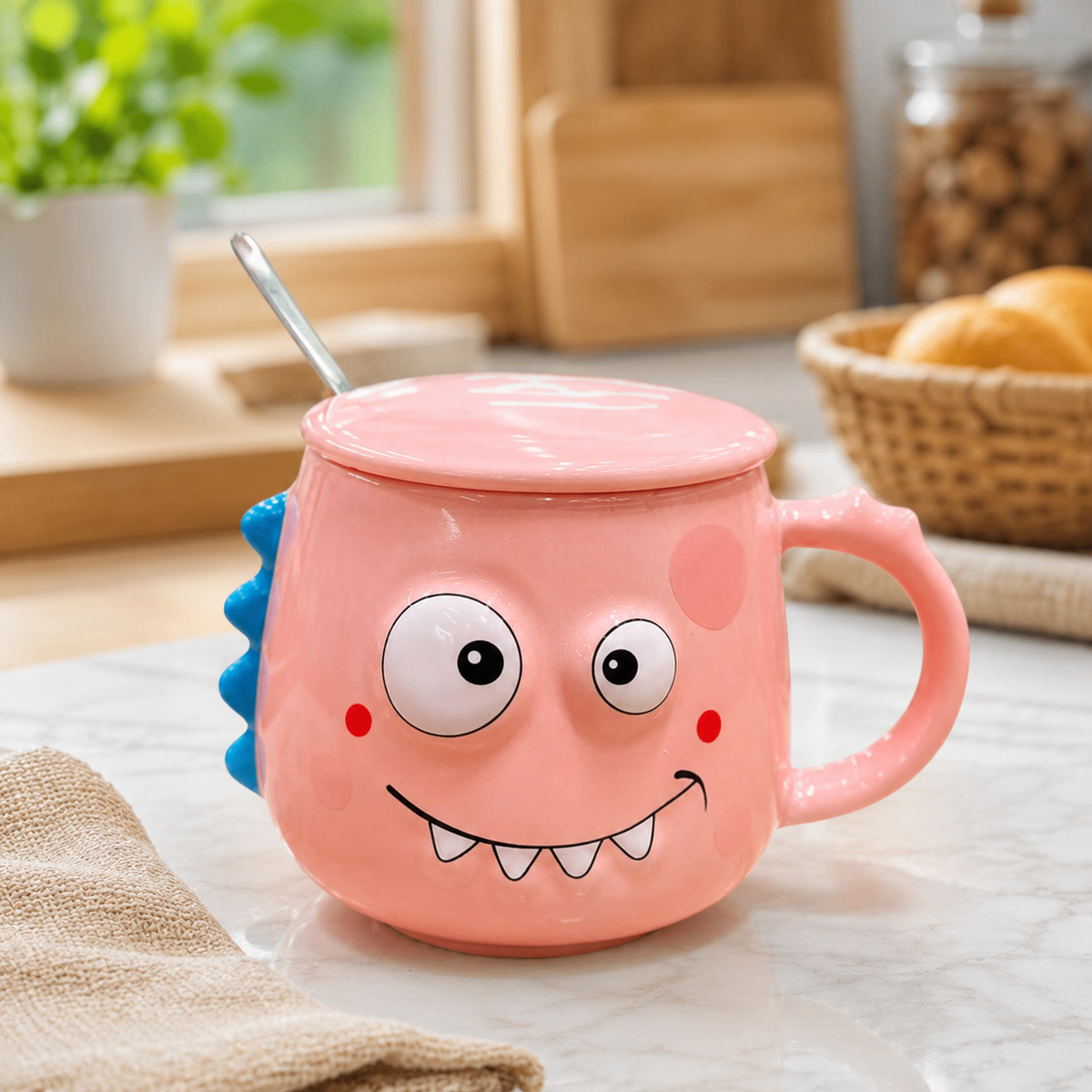 Cute Pink Monster Ceramic Mug with Lid & Spoon