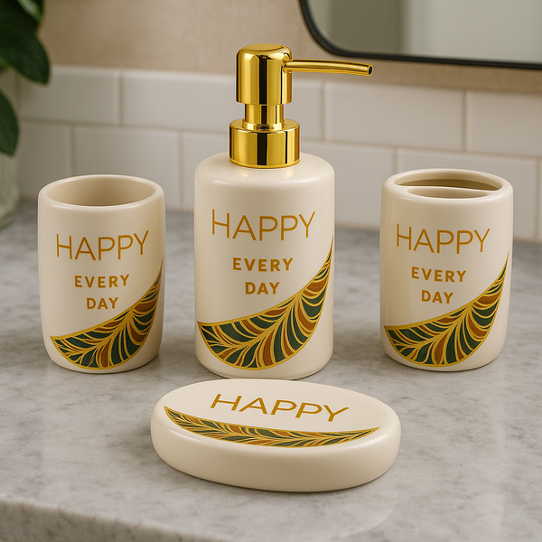 "Happy Every Day" 4-Piece Ceramic Bath Set with Gold Feather