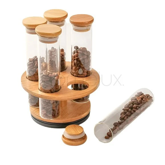 Bamboo Rotating Glass Tube Spice Rack - 6 Jars