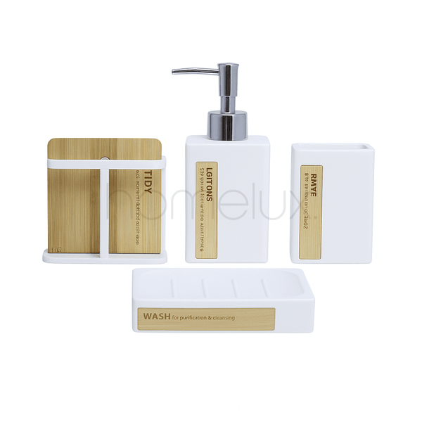 Modern White Ceramic and Bamboo 4-Piece Bath Set