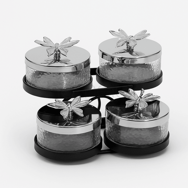 Black & Silver Butterfly 4-Piece Condiment Set with Stand