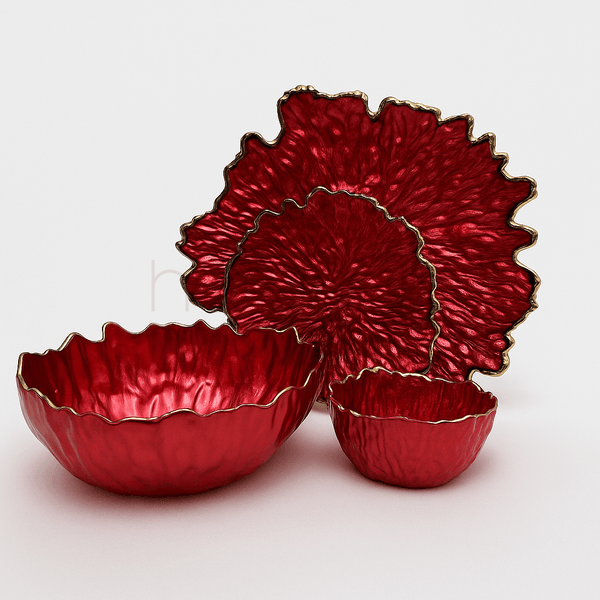 Regal Red and Gold Petal Serving Bowl and Plate Set (14 pieces)