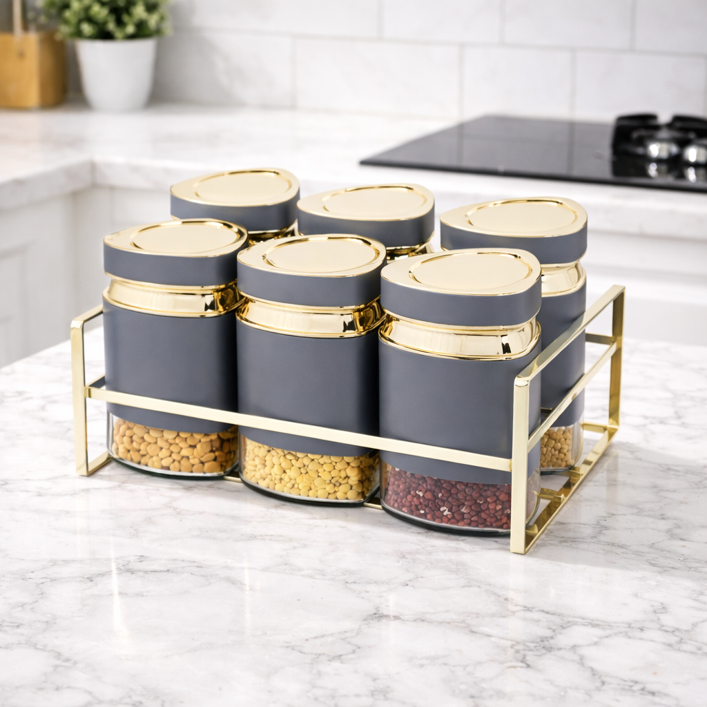 7 Pcs Premium Grey & Gold Canister Set with Rack – HomeLux