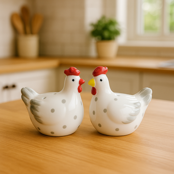 Classic White Ceramic Speckled Hen Salt and Pepper Shakers