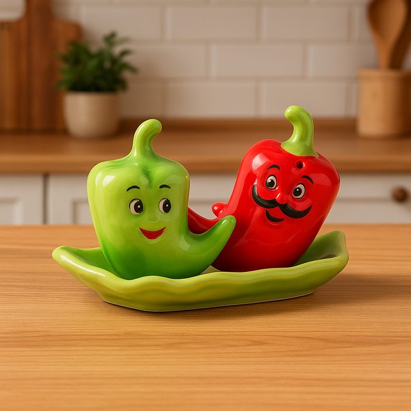 Novelty Ceramic Chilli Pepper Salt and Pepper Shaker Set with Tray