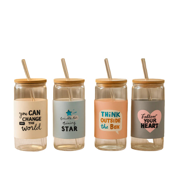 Positive Vibes Glass Tumbler with Straw – 450ml