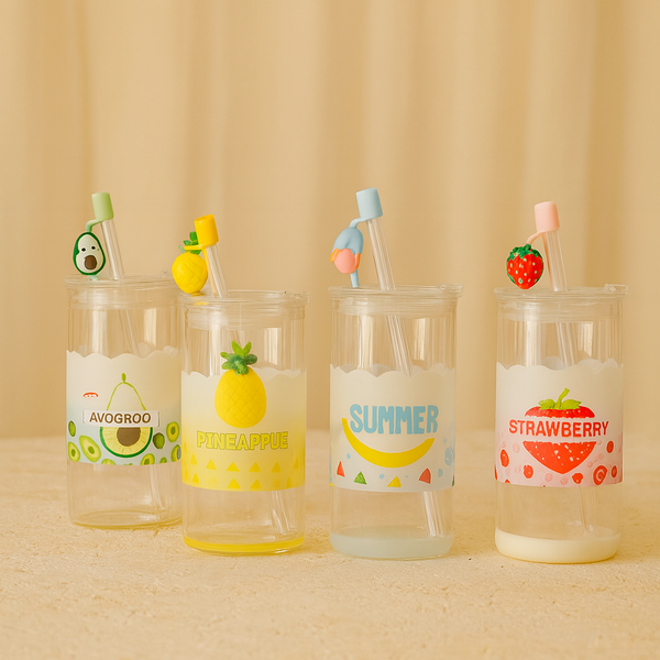 Fruity Fun Drinking Glass with Airtight Lid & Straw – 410ml