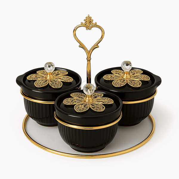 Black & Gold 3-Piece Flower Condiment Set with Handle
