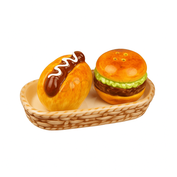 Novelty Fast Food Ceramic Salt and Pepper Shaker Set with Basket Tray