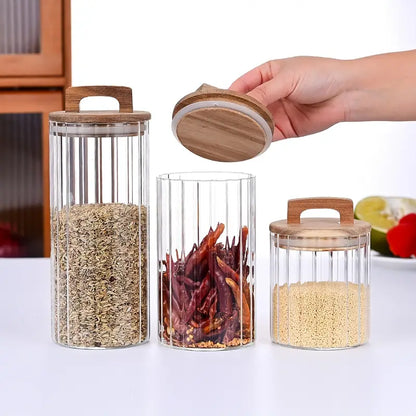 Striped Glass Seasoning Jar With Bamboo Lid