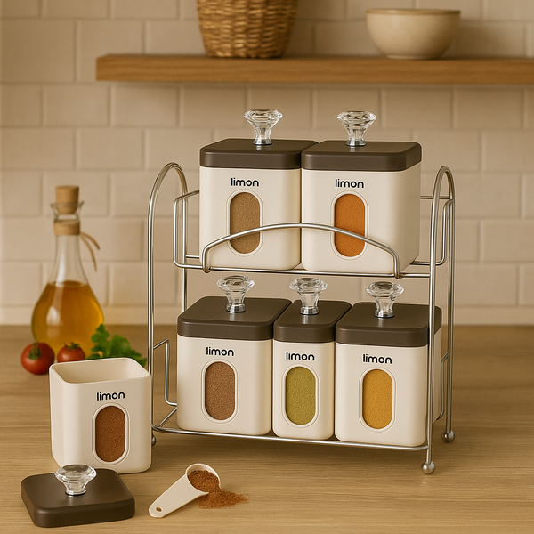 Limon 7-Piece Spice Jar Set with Metal Rack
