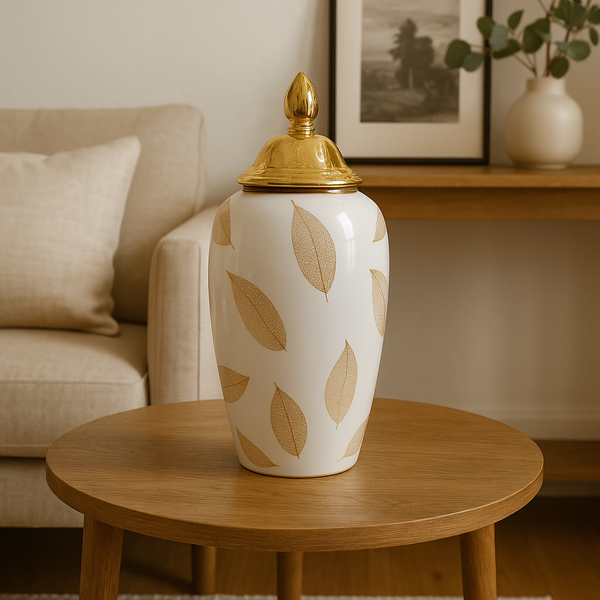 White & Gold Filigree Leaf Jar
