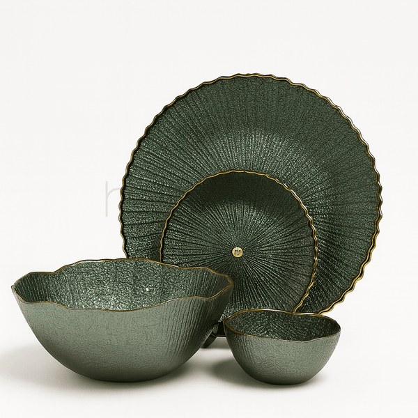 Regal Sage Green Textured Petal Serving Set (14 piece)