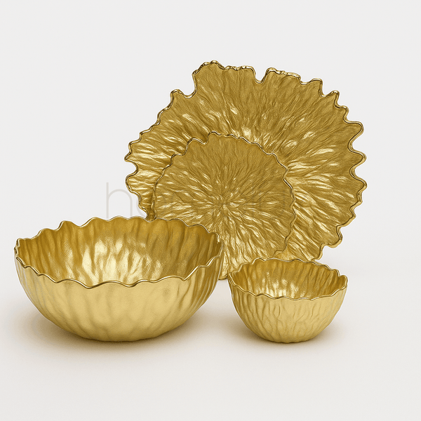 Opulent Gold Petal Textured Serving Bowl and Plate Set (14 pieces)