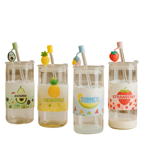 Fruity Fun Drinking Glass with Airtight Lid & Straw – 410ml