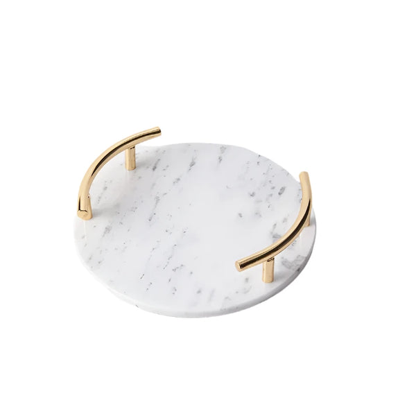 Round White Marble Tray With Gold Handle